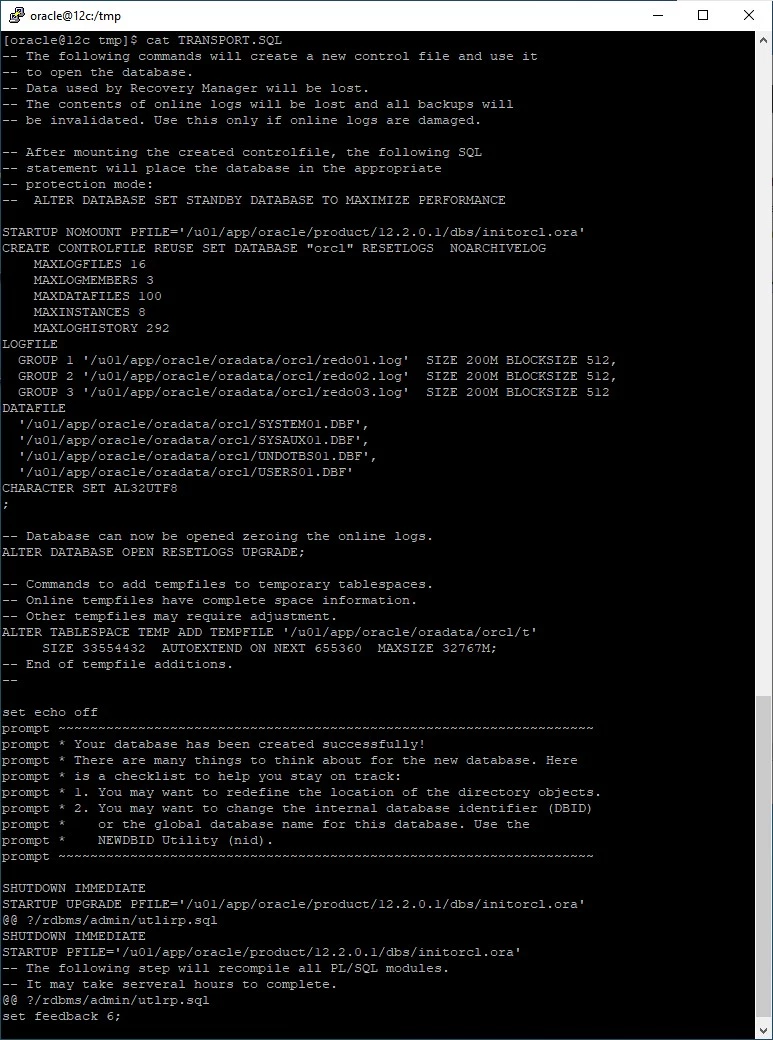 rman windows to linux migration - transportscript.sql
